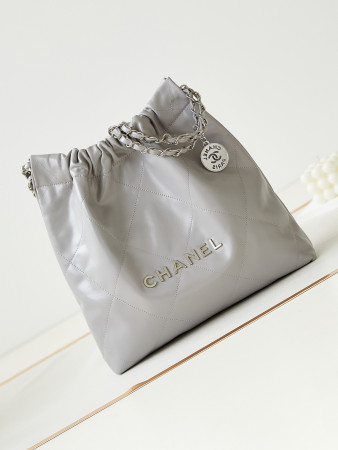Ch*el 22 small handbag shiny calfskin grey 13.7×14.4×2.7 in