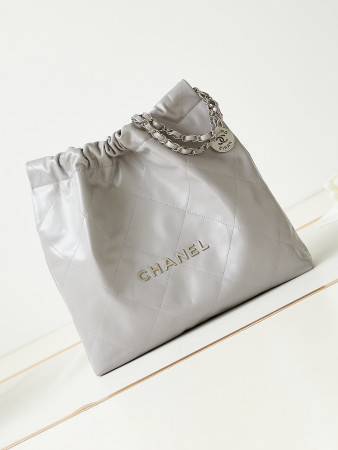 Ch*el 22 small handbag shiny calfskin grey 15.2×16.4×3.1 in