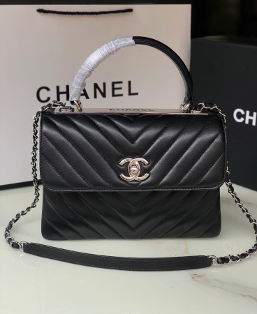 Ch*el flap bag with top handle 6.6 × 9.8 × 4.7 in