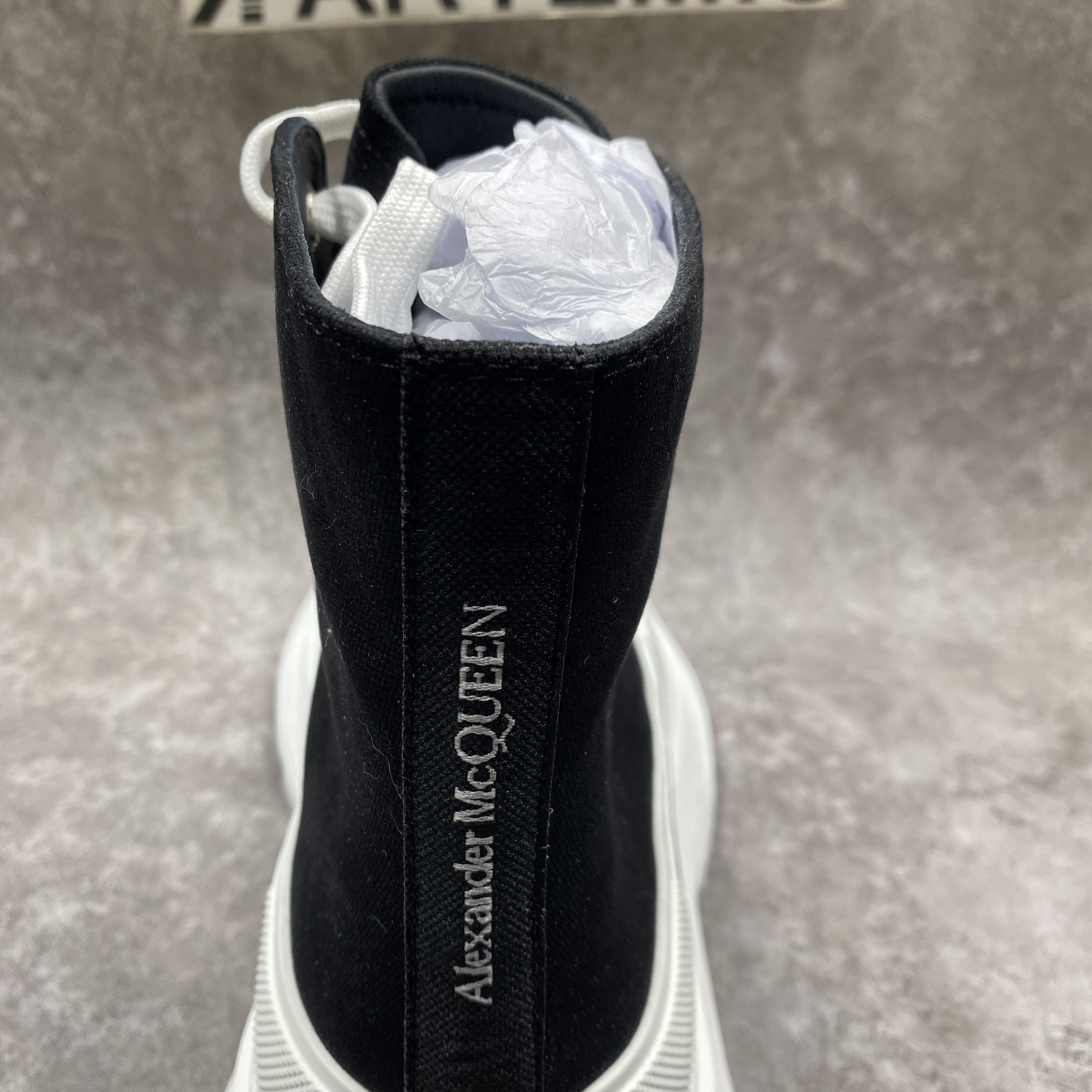 ale*d*r M*Q*en tread slick high lace up boot black white