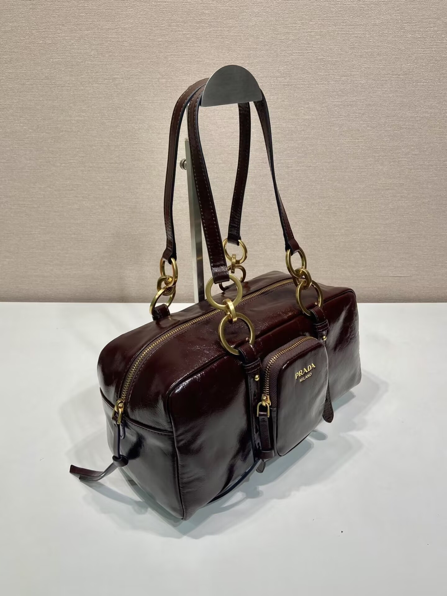 Pra*a dangle medium leather top-handle bag 14x30x13.5cm
