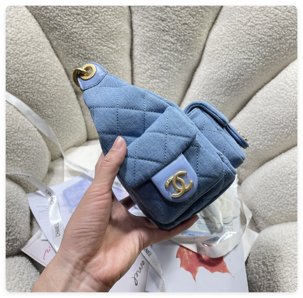 ch*el cruise 2024/25 large hobo bag washed De*1m & gold-tone metal blue 22x 31x 15cm