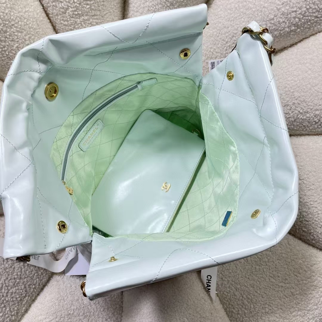 Ch*el 22 small handbag shiny calfskin light blue 37x35x7cm