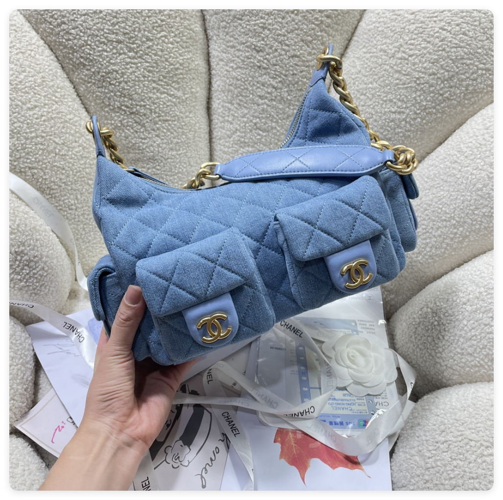 ch*el cruise 2024/25 large hobo bag washed De*1m & gold-tone metal blue 22x 31x 15cm