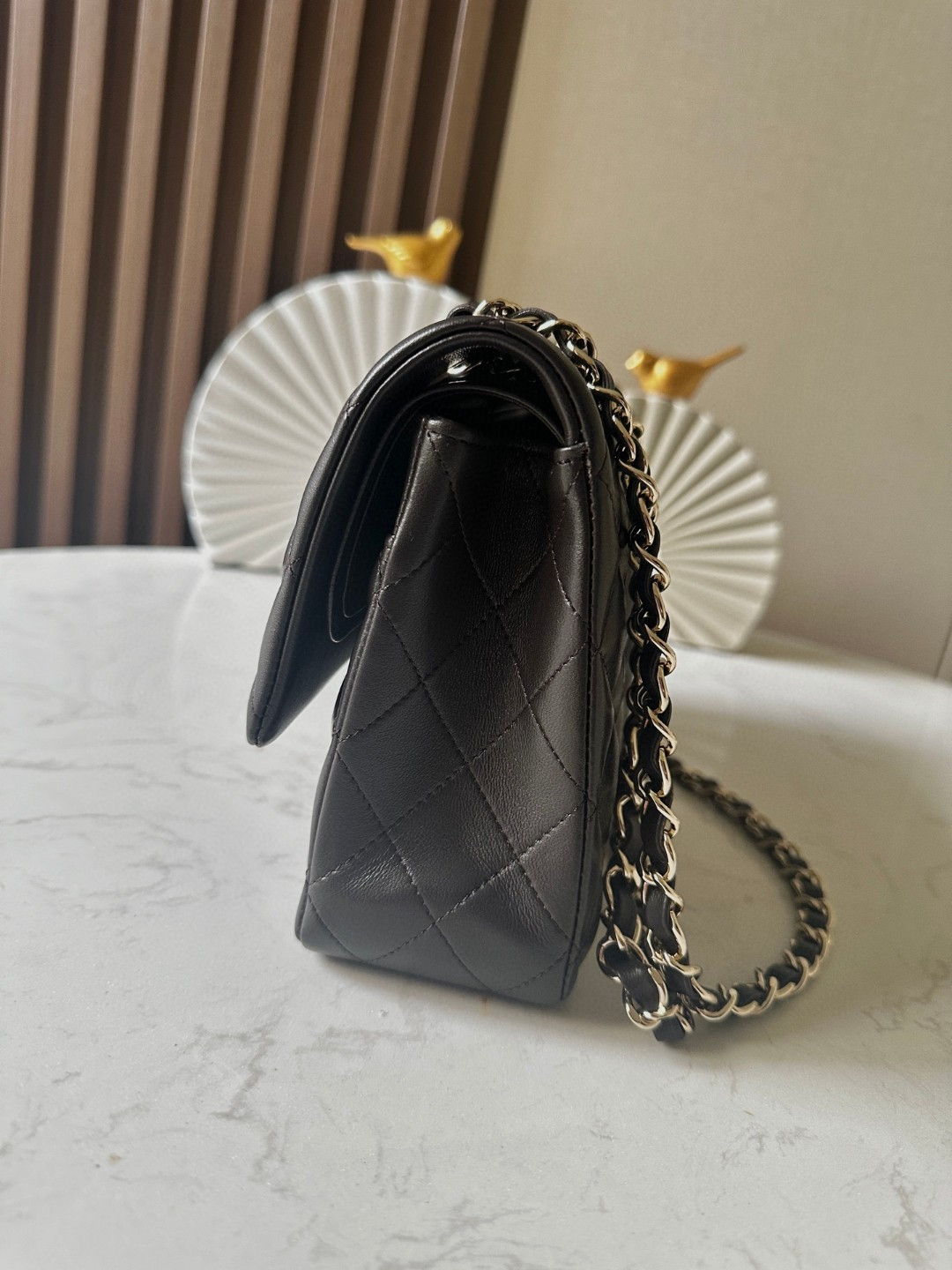 Ch*el classic handbag coffee brown gold metal 15.5×25.5×6.5cm