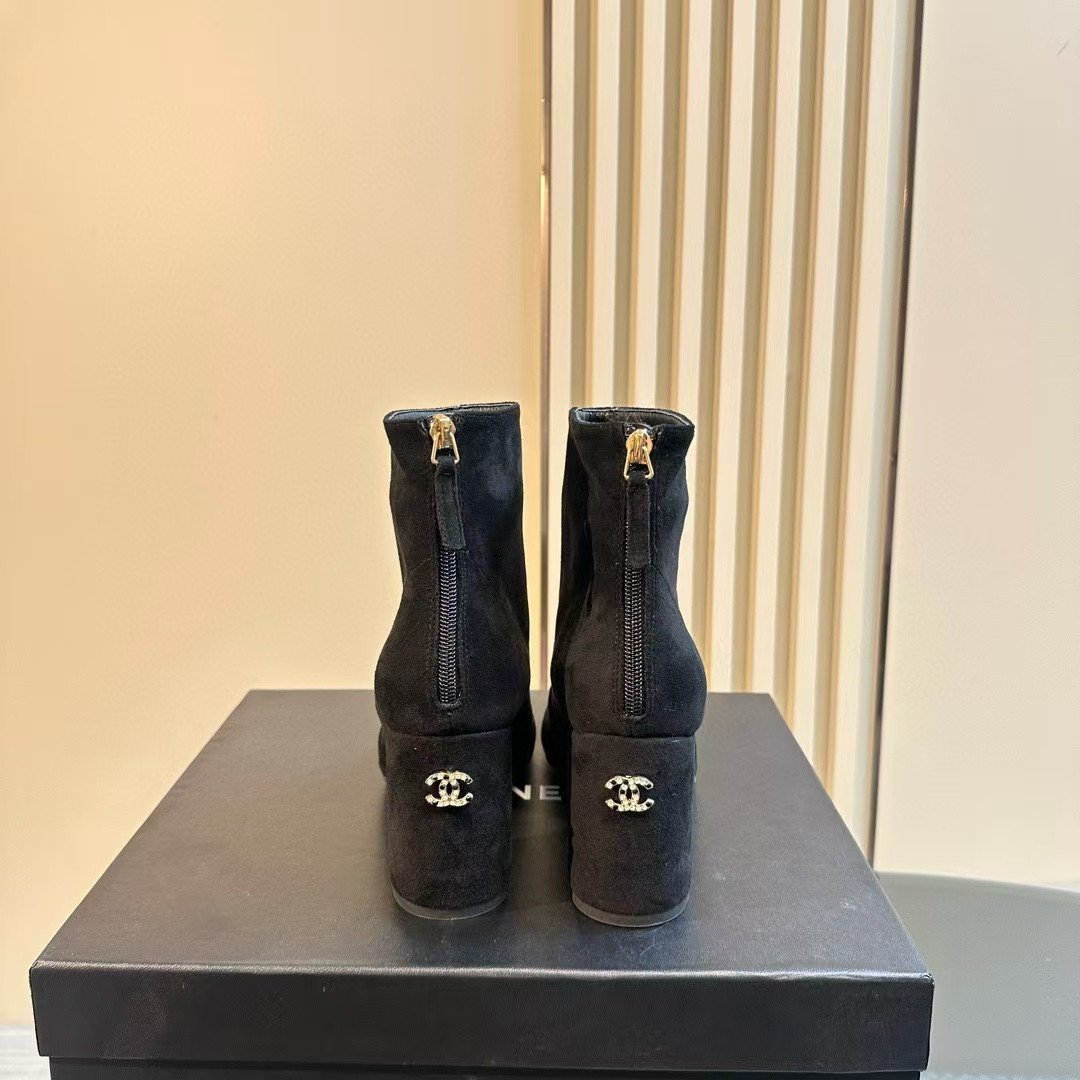 Ch*el short boots suede calfskin & lambskin black