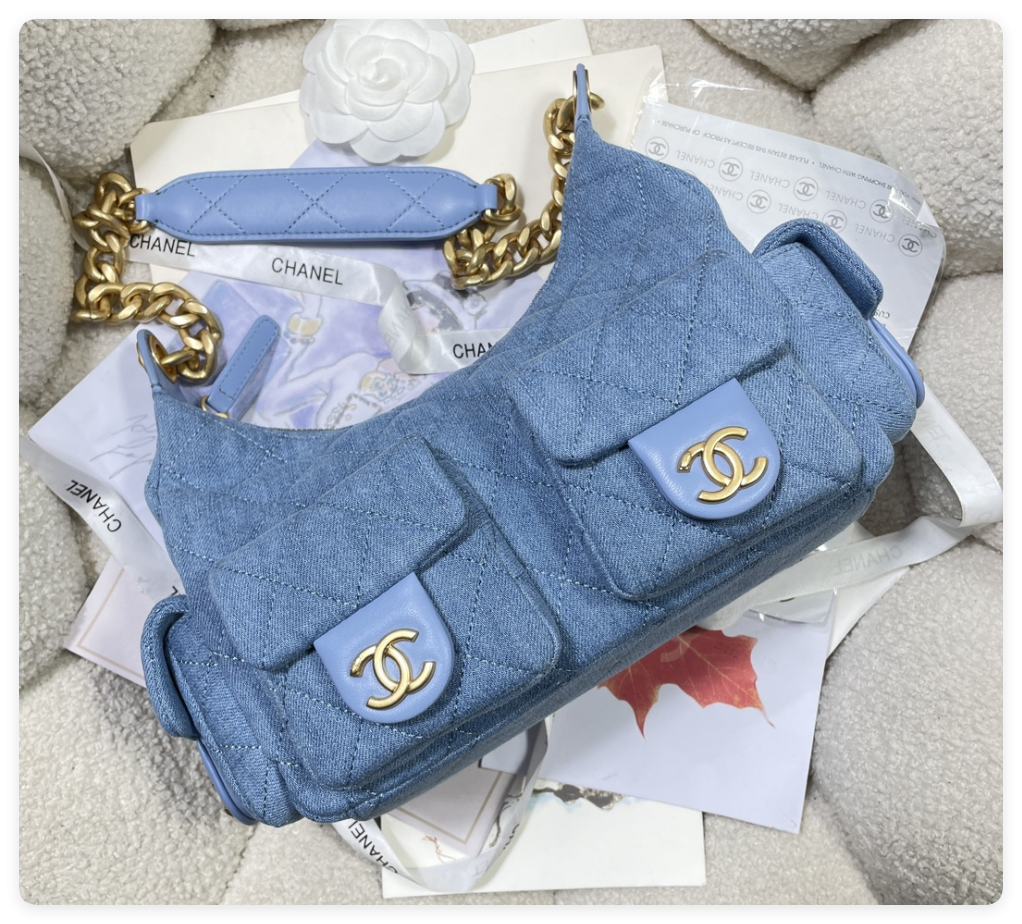 ch*el cruise 2024/25 large hobo bag washed De*1m & gold-tone metal blue 22x 31x 15cm