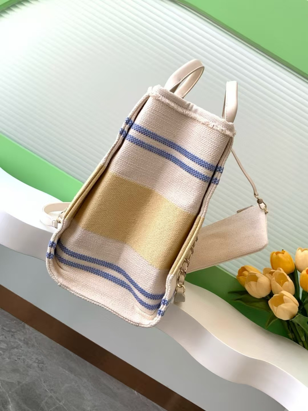 Ch*el shopping bag cotton canvas & gold-tone metal 38x30x22cm