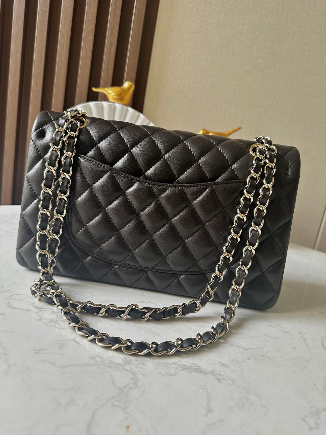 Ch*el classic handbag coffee brown gold metal 15.5×25.5×6.5cm