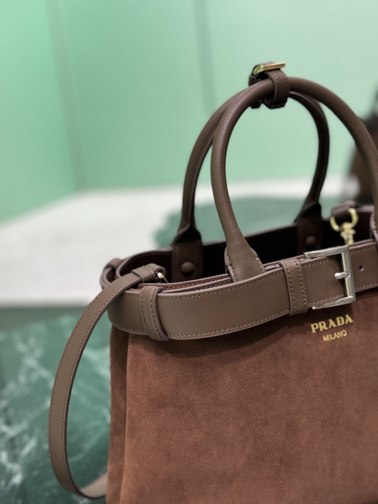 Pra*a buckle medium suede bag with belt 23x32x11cm