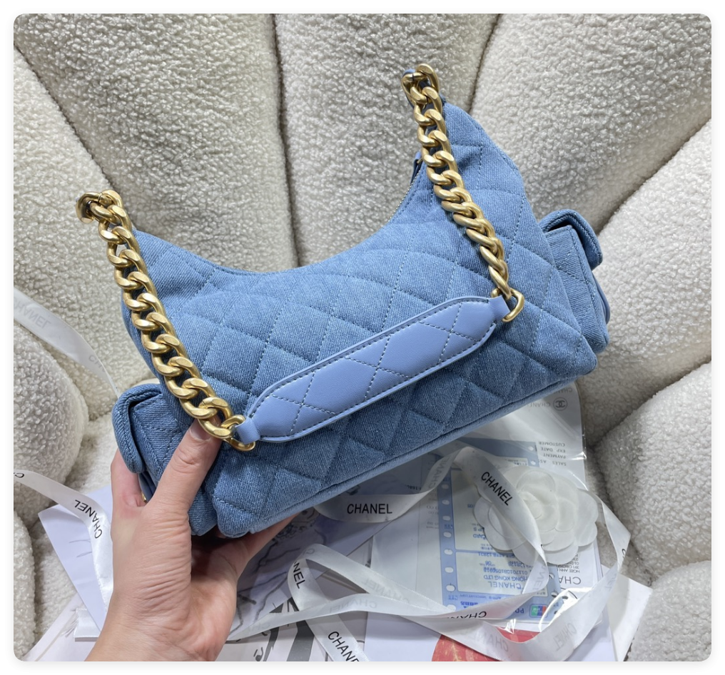 ch*el cruise 2024/25 large hobo bag washed De*1m & gold-tone metal blue 22x 31x 15cm
