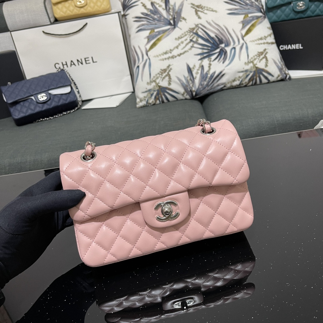 Ch*el small classic handbag lambskin pink 5.7 × 9 × 2.3 in