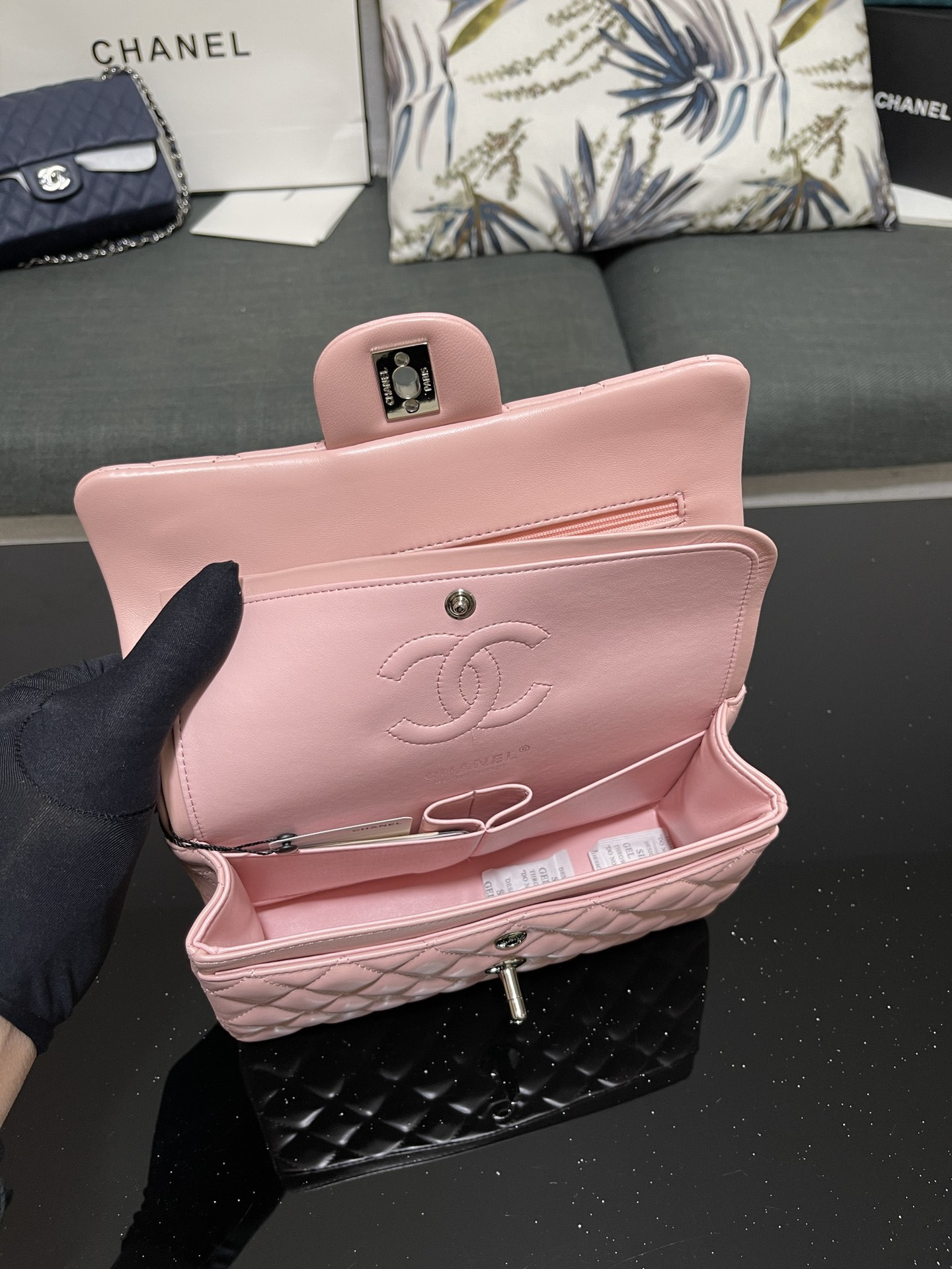 Ch*el small classic handbag lambskin pink 5.7 × 9 × 2.3 in