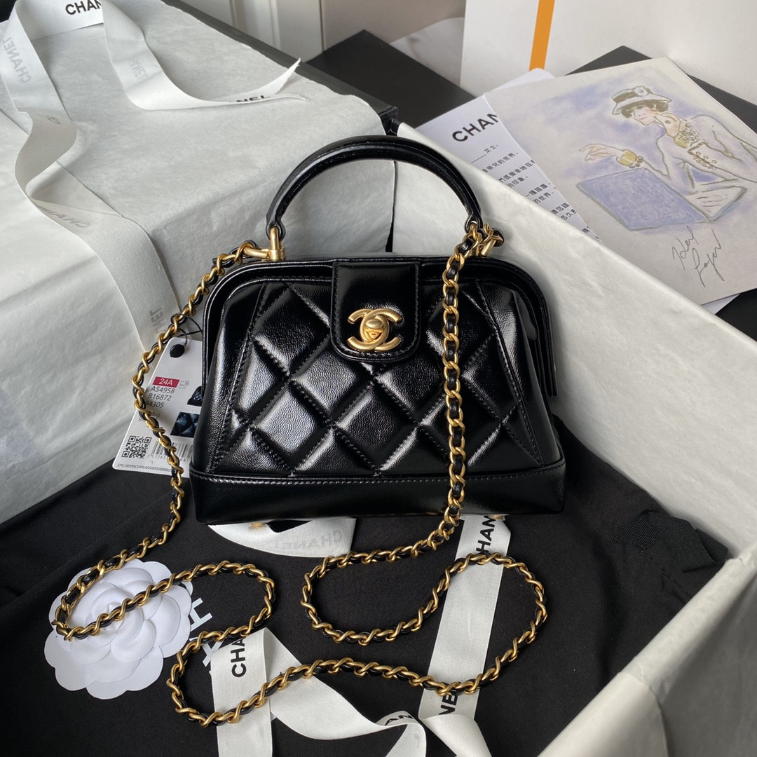 Ch*el mini bag with top handle shiny lambskin & gold-tone metal black 12 × 18 × 7 cm