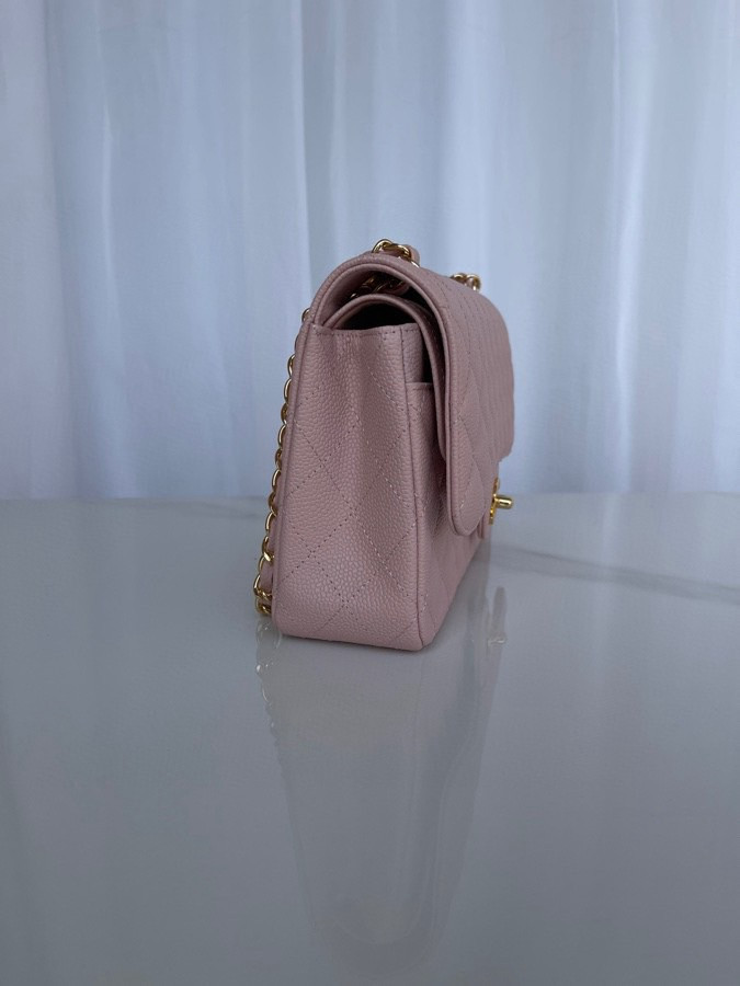Ch*el classic handbag grained calfskin & gold-tone metal pink 6 × 9.9 × 2.5 in