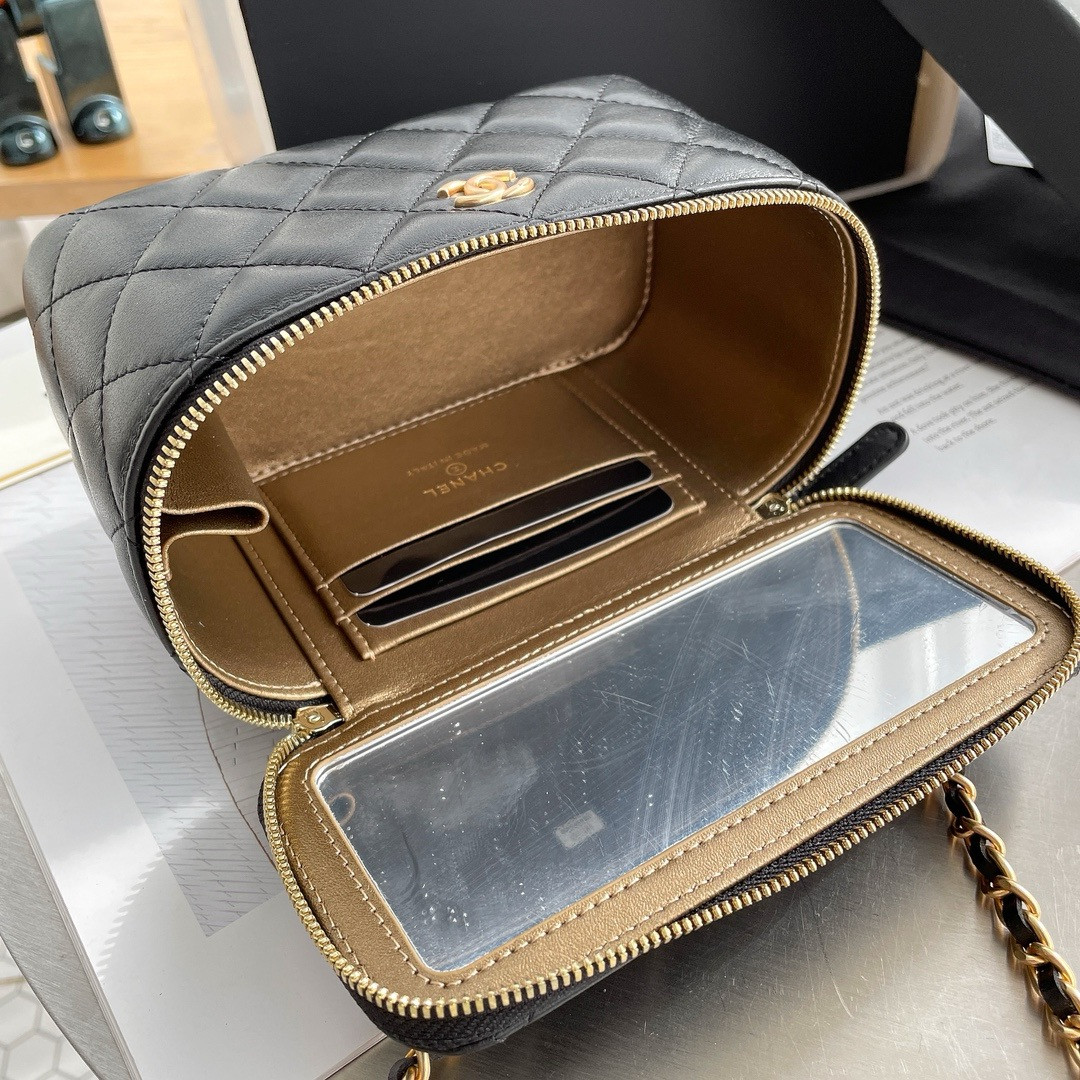 Ch*el walnut gold ball chain with makeup mirror lamb leather square box shoulder bag women