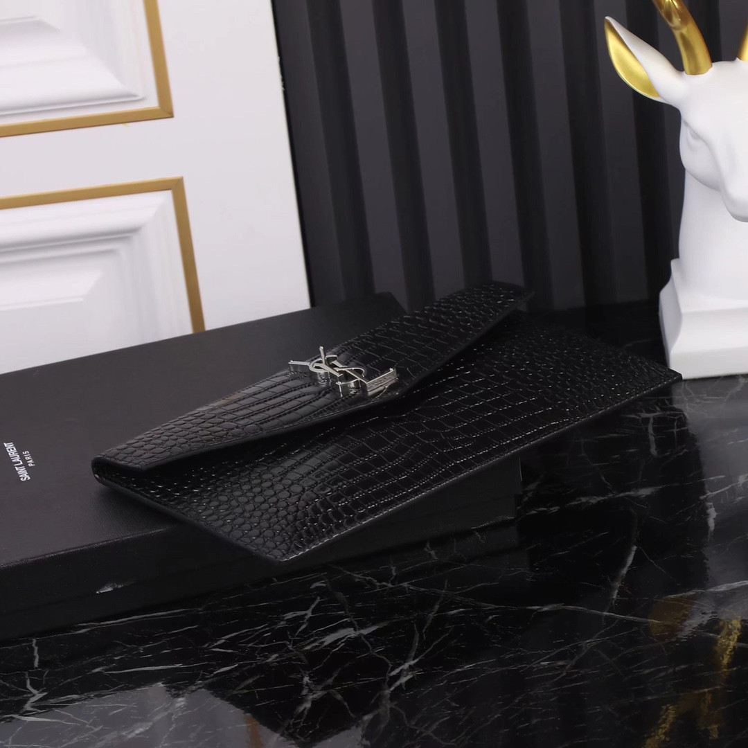 Y*L uptown pouch in crocodile-embossed shiny leather black 10.6 x 6.2 x 0.7 inches