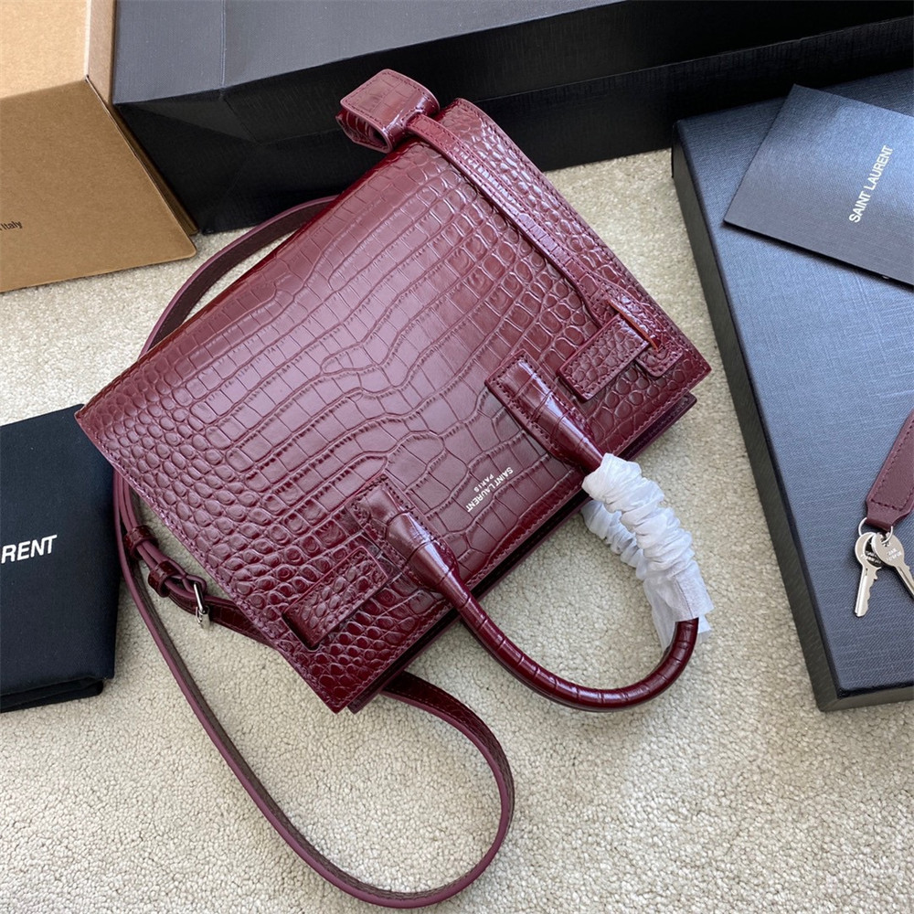 Y*L sac de jour nano in crocodile embossed leather rouge legion 8.6 x 6.8 x 3.5 inches