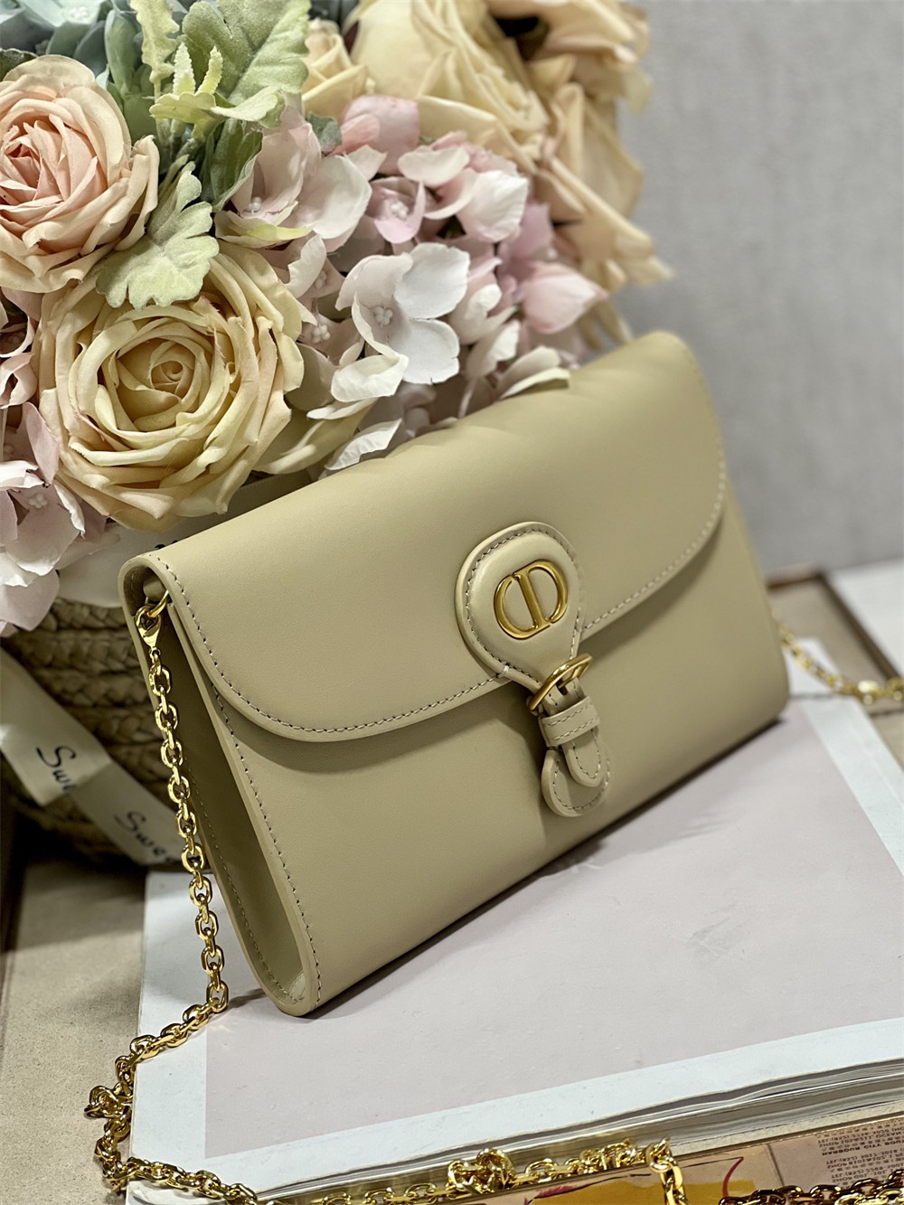 D*or bobby east-west pouch with chain latte smooth calfskin apricot
