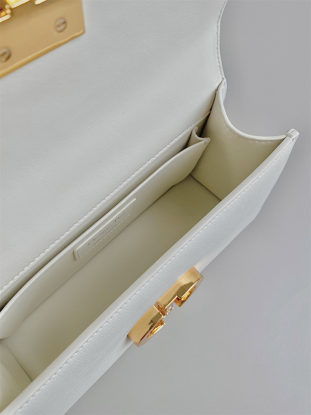 D*or 30 montaigne east-west bag with chain latte calfskin 21 x 12 x 6 cm / 8.5 x 4.5 x 2.5 inches