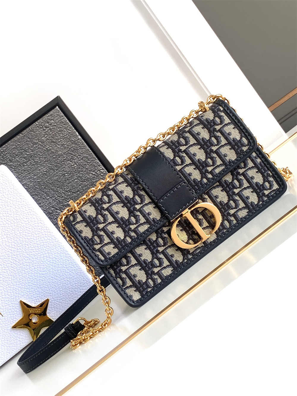 D*or 30 montaigne east-west bag with chain blue D*or oblique jacquard 21 x 12 x 6 cm / 8.5 x 4.5 x 2.5 inches