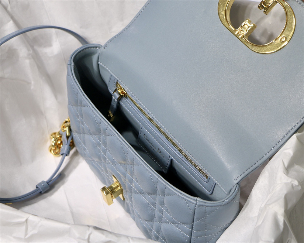 small d*or caro bag light blue S*pple cannage calfskin 20 x 12 x 7 cm