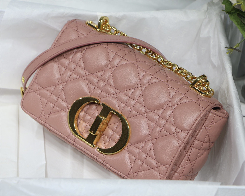 small d*or caro bag pink S*pple cannage calfskin with silver hardware 20 x 12 x 7 cm