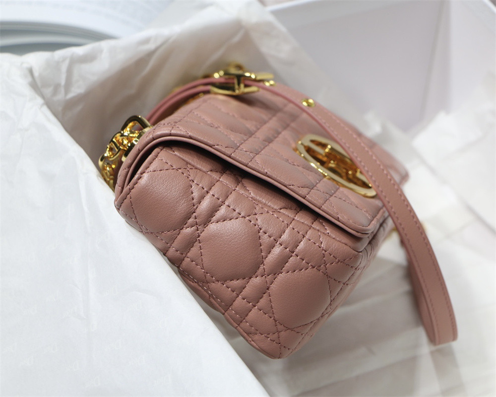small d*or caro bag pink S*pple cannage calfskin with silver hardware 20 x 12 x 7 cm