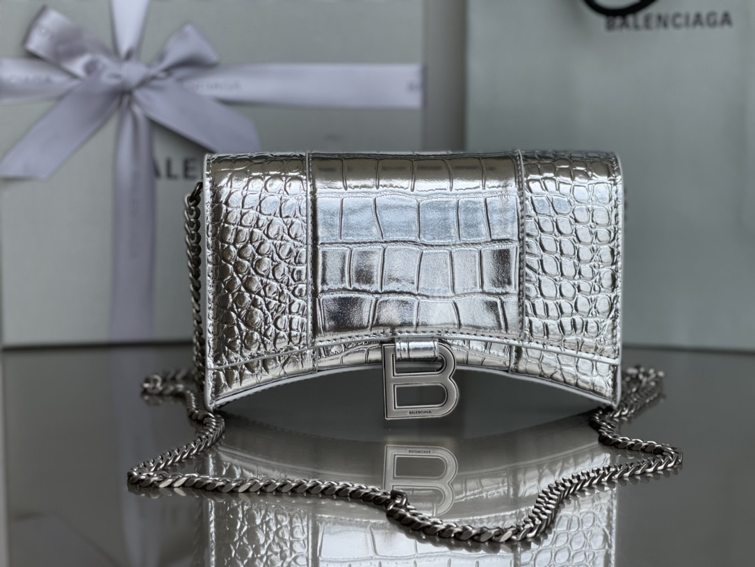 Ba*len*cia*ga women's hourglass wallet on chain crocodile embossed in silver l7.6 x h4.7 x w1.9 inch