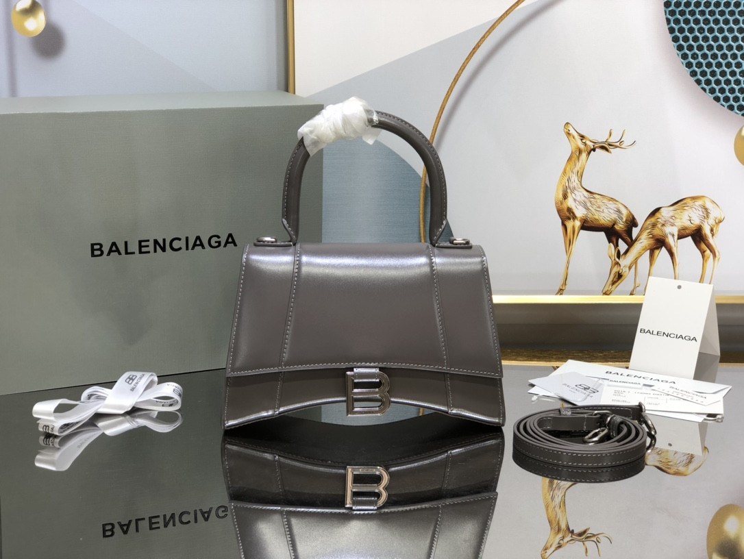 Ba*len*cia*ga women's hourglass small handbag in shiny grey brown box l9 x h5,5 x w3,9 inch