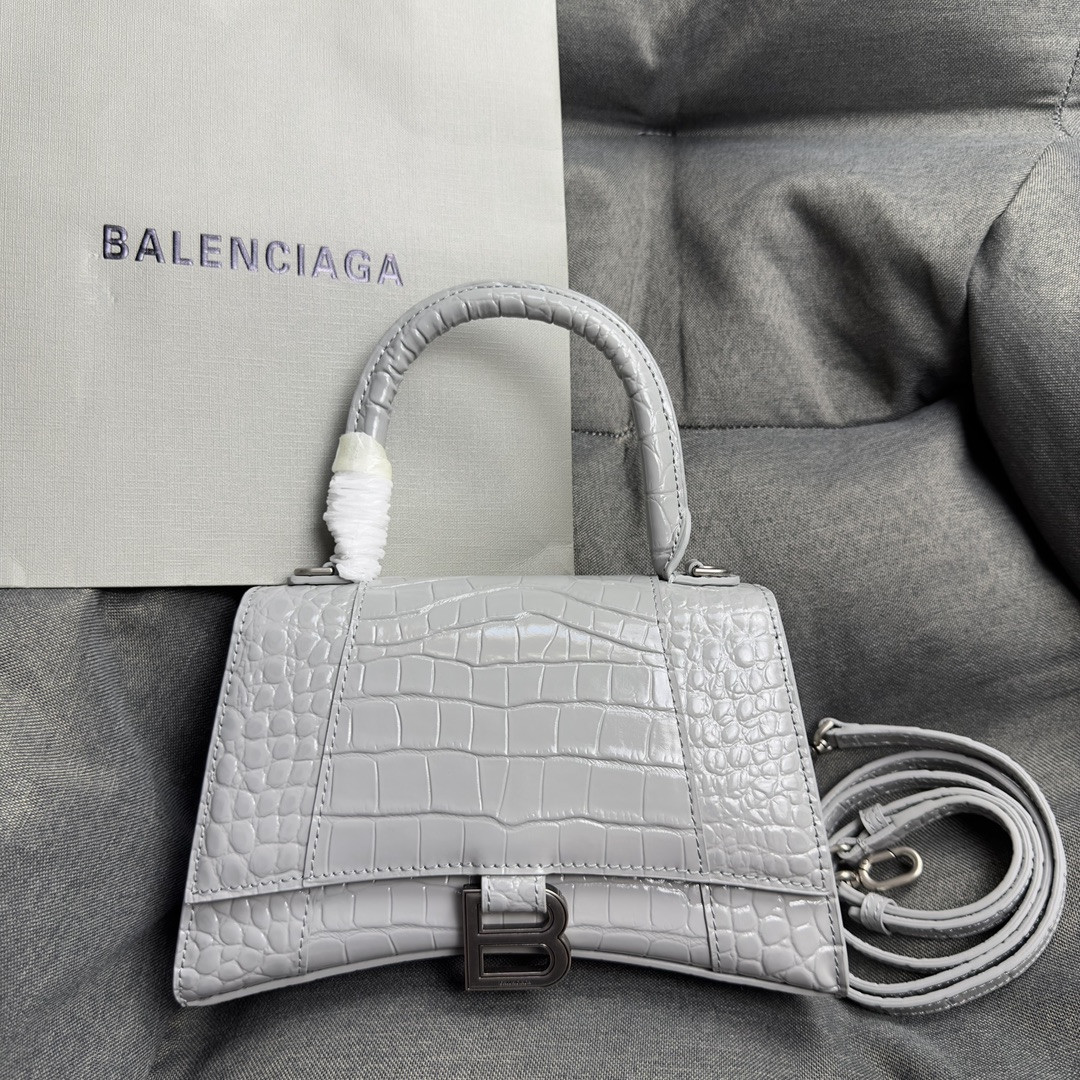 Ba*len*cia*ga women's hourglass small handbag crocodile embossed in light grey l9 x h5.5 x w3.9 inch