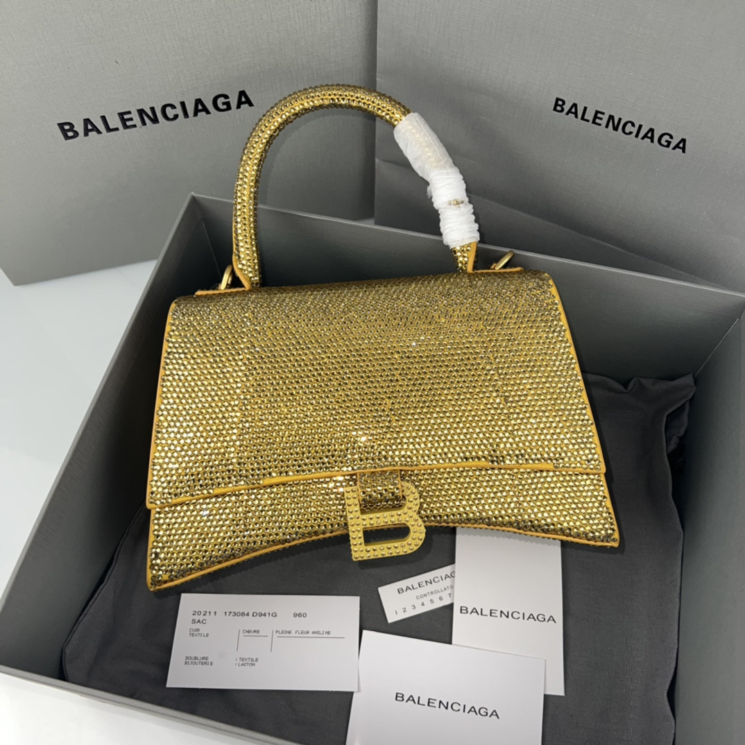 Ba*len*cia*ga women's hourglass small handbag with rhinestones yellow l9 x h5.5 x w3.9 inch