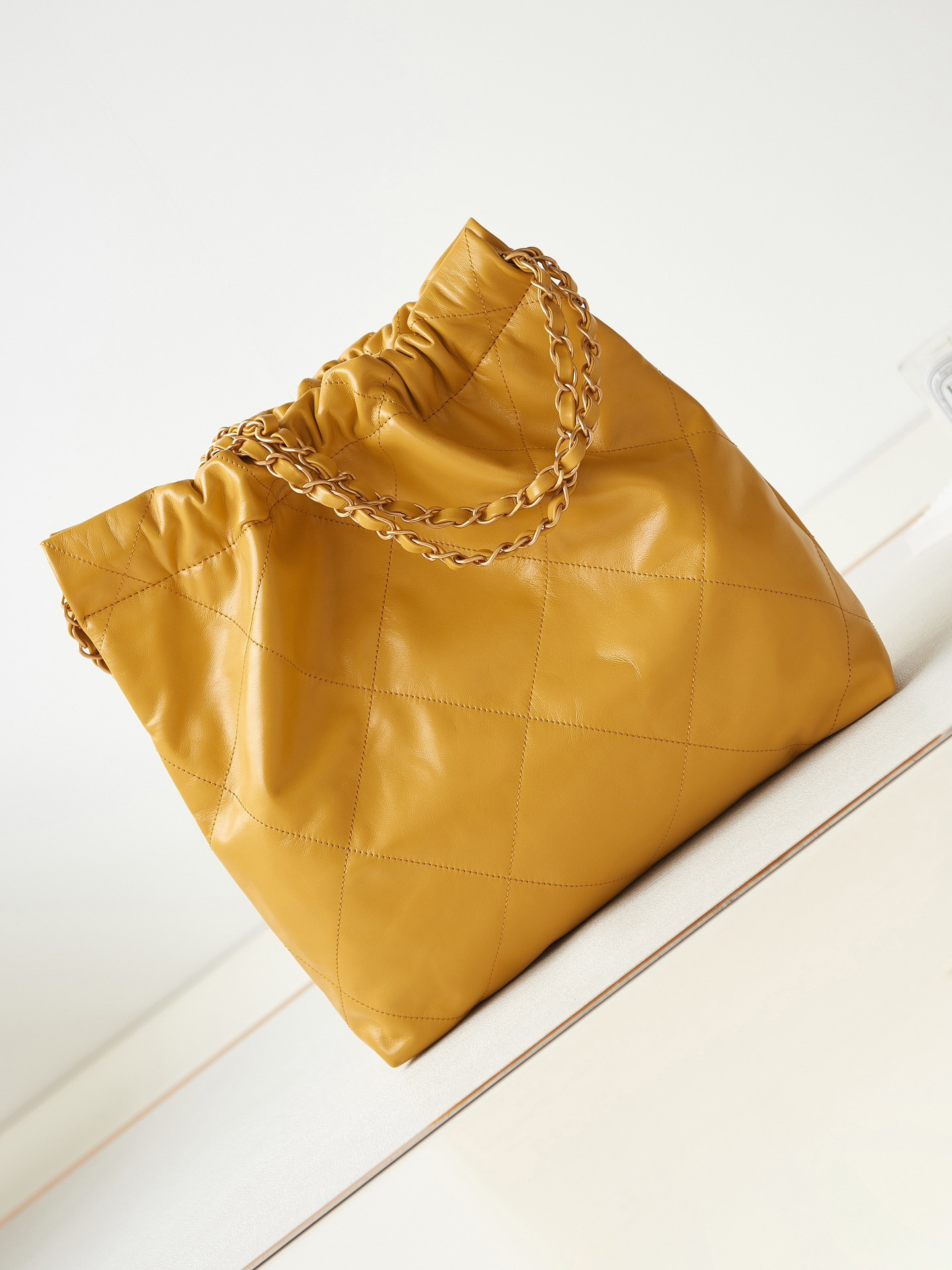 Ch*el 22 small handbag shiny calfskin yellow 13.7×14.4×2.7 in