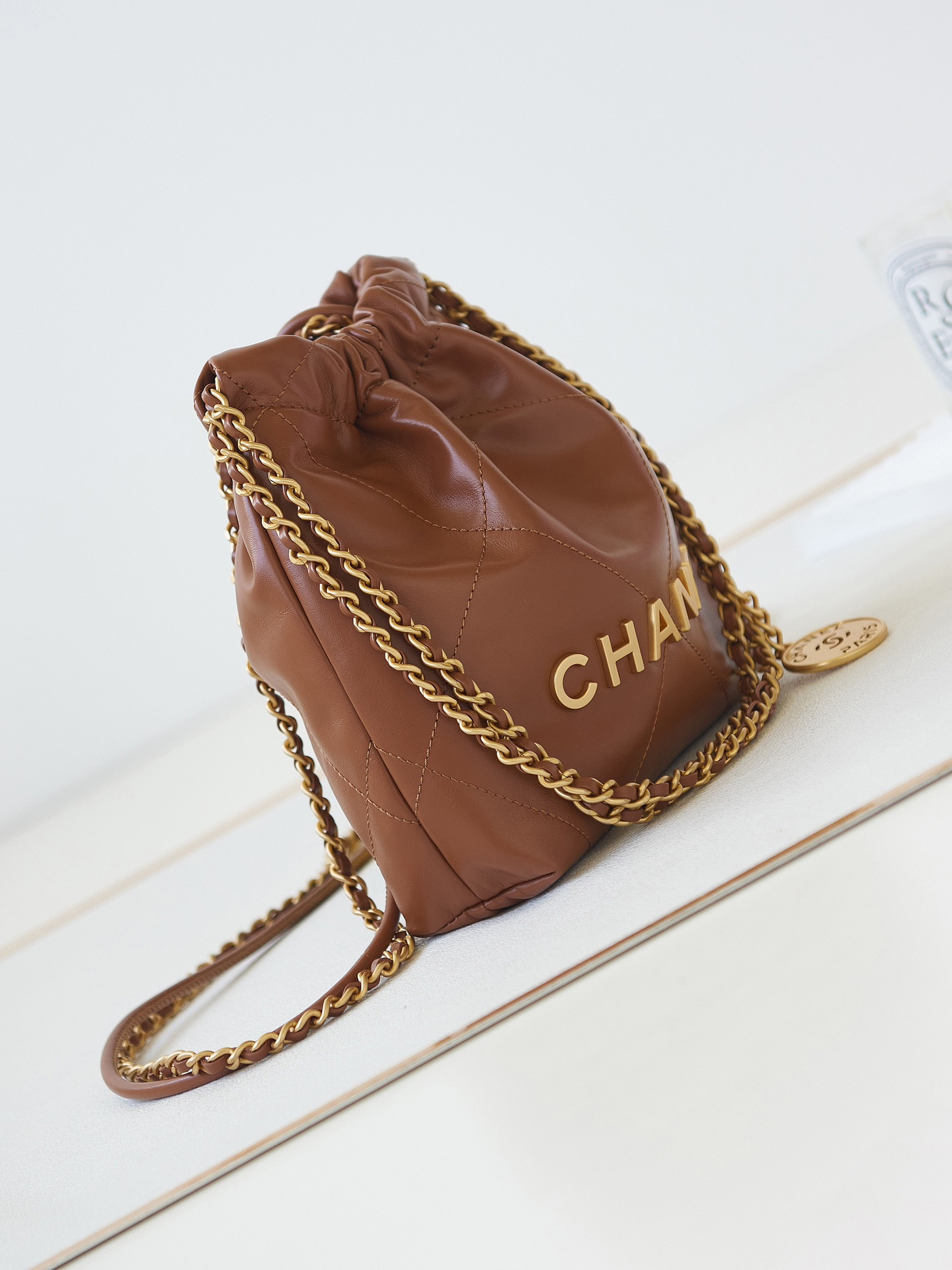 Ch*el 22 mini handbag shiny calfskin brown 7.8 × 7.4 × 2.3 in