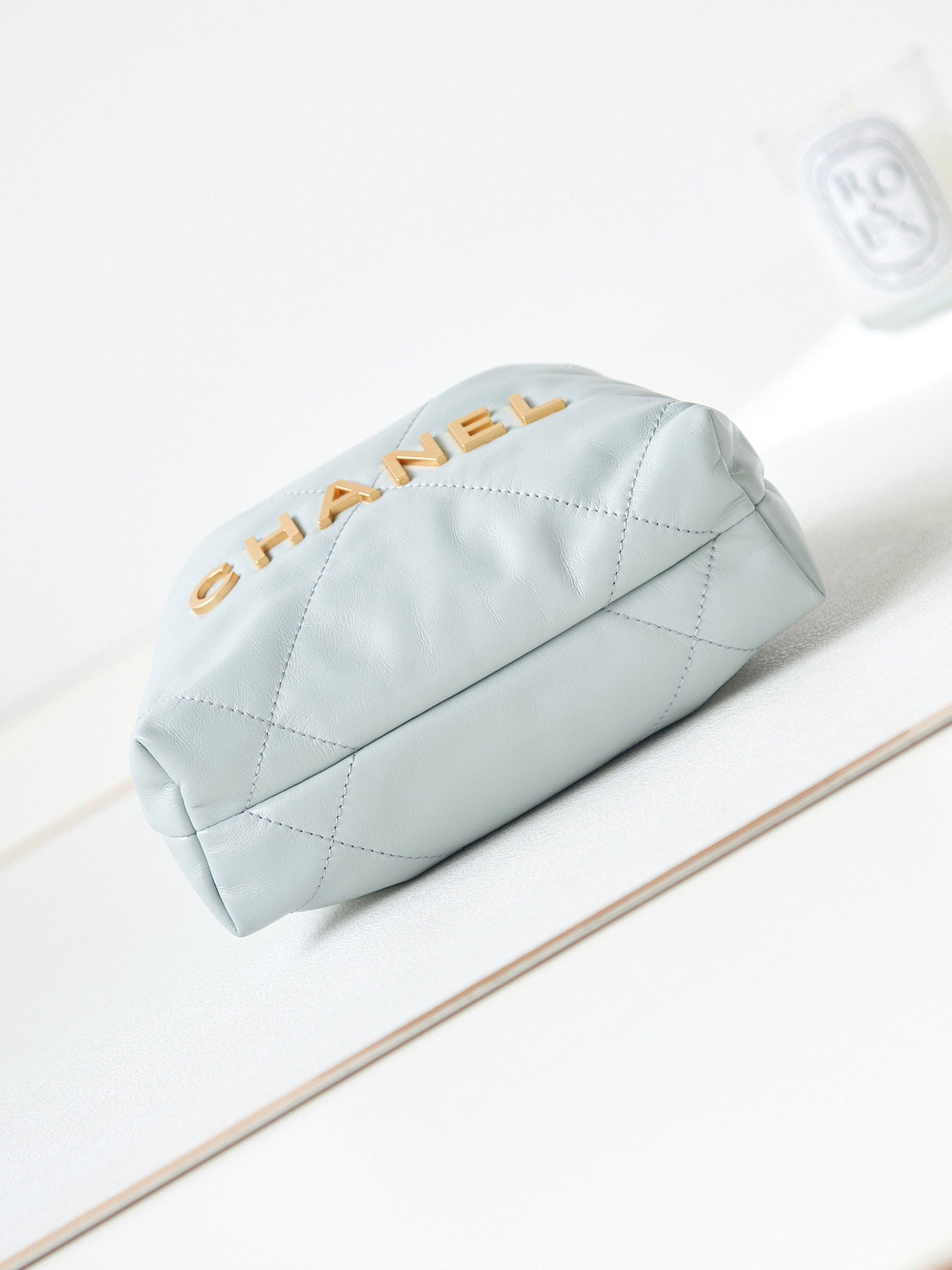 Ch*el 22 mini handbag shiny calfskin light blue 7.8 × 7.4 × 2.3 in