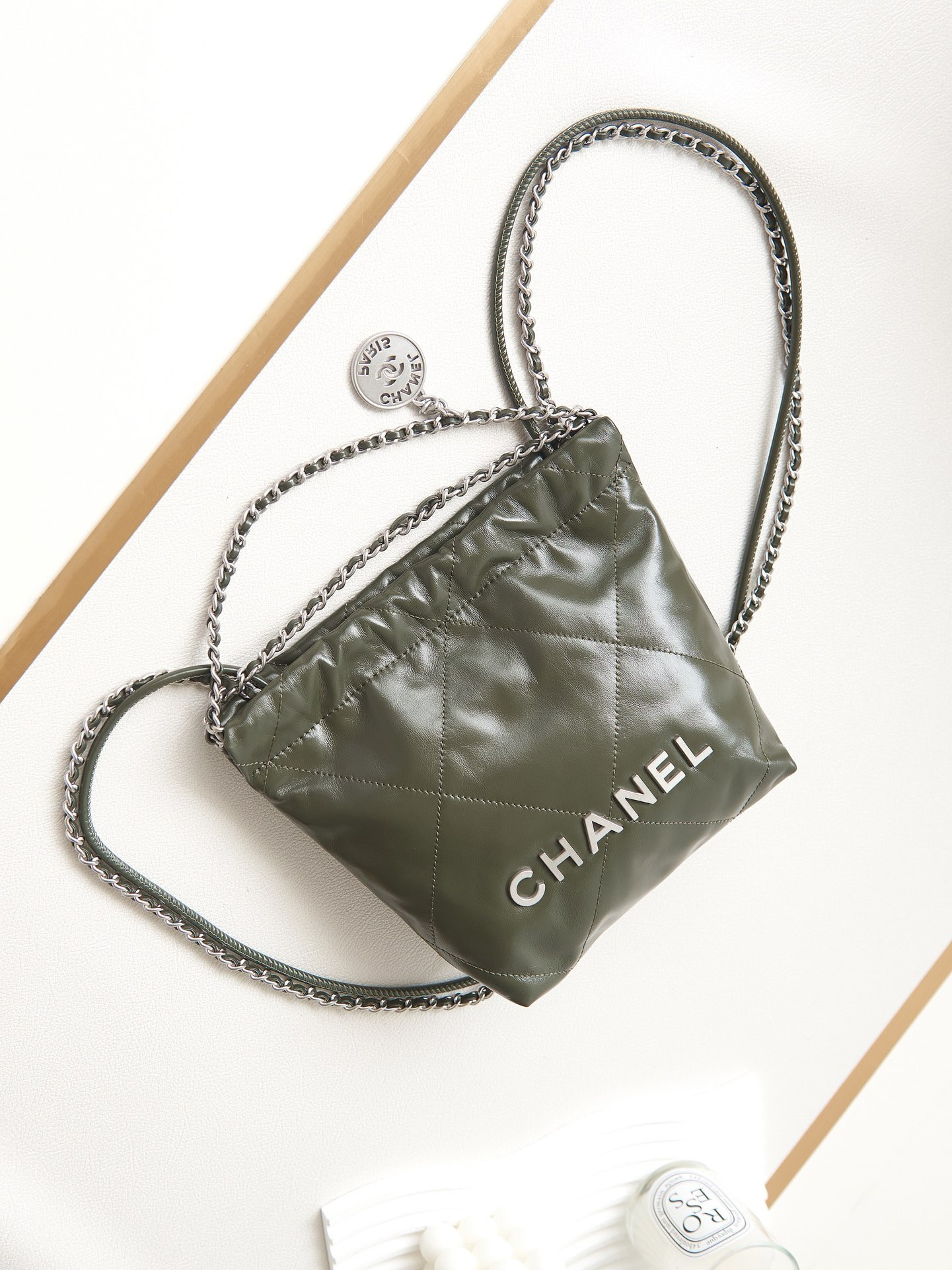 Ch*el 22 mini handbag shiny calfskin & silver-tone metal black 7.8 × 7.4 × 2.3 in