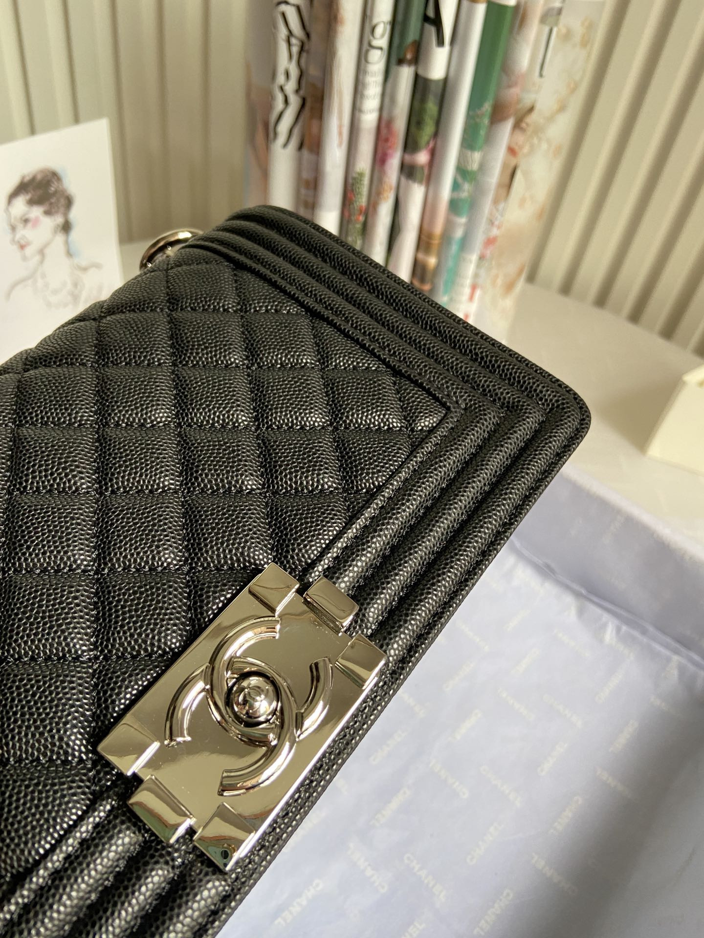 boy Ch*el handbag shiny grained calfskin & silver-tone metal black 5.9 × 9.8 × 3.5 in