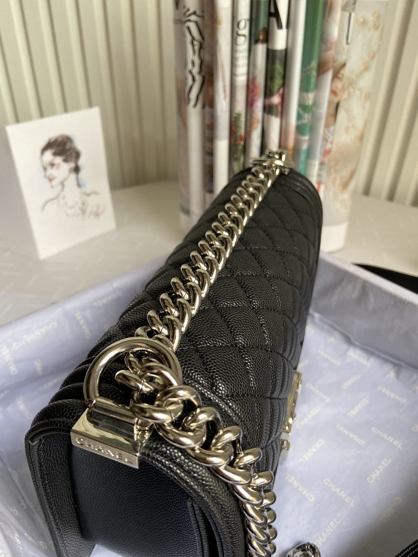 boy Ch*el handbag shiny grained calfskin & silver-tone metal black 5.9 × 9.8 × 3.5 in