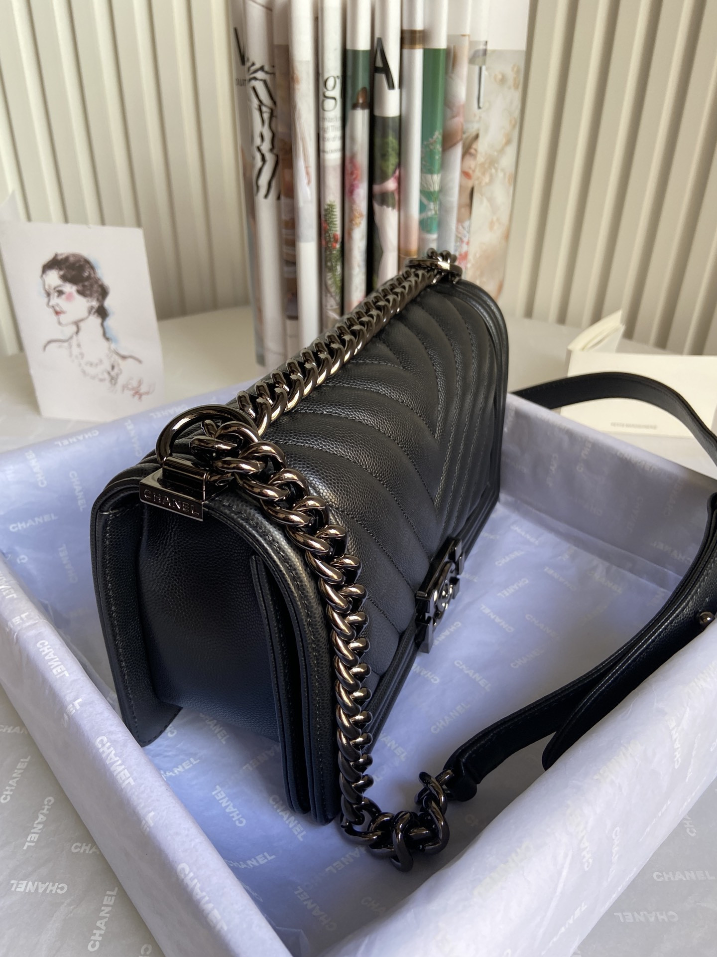 boy Ch*el handbag shiny grained calfskin black 5.9 × 9.8 × 3.5 in