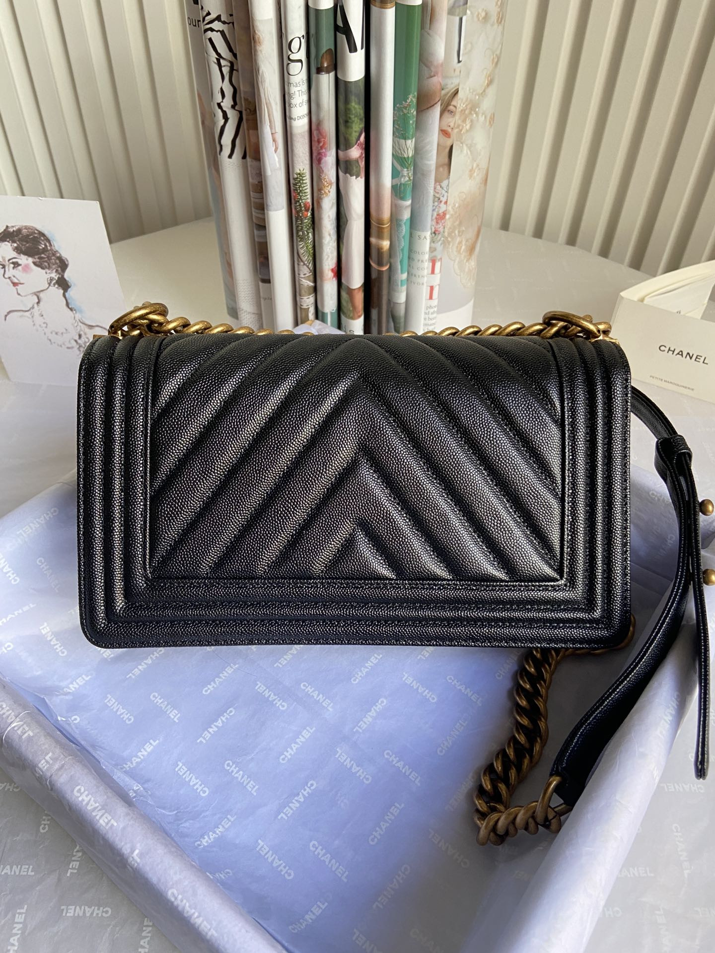 boy Ch*el handbag shiny grained calfskin black 5.9 × 9.8 × 3.5 in
