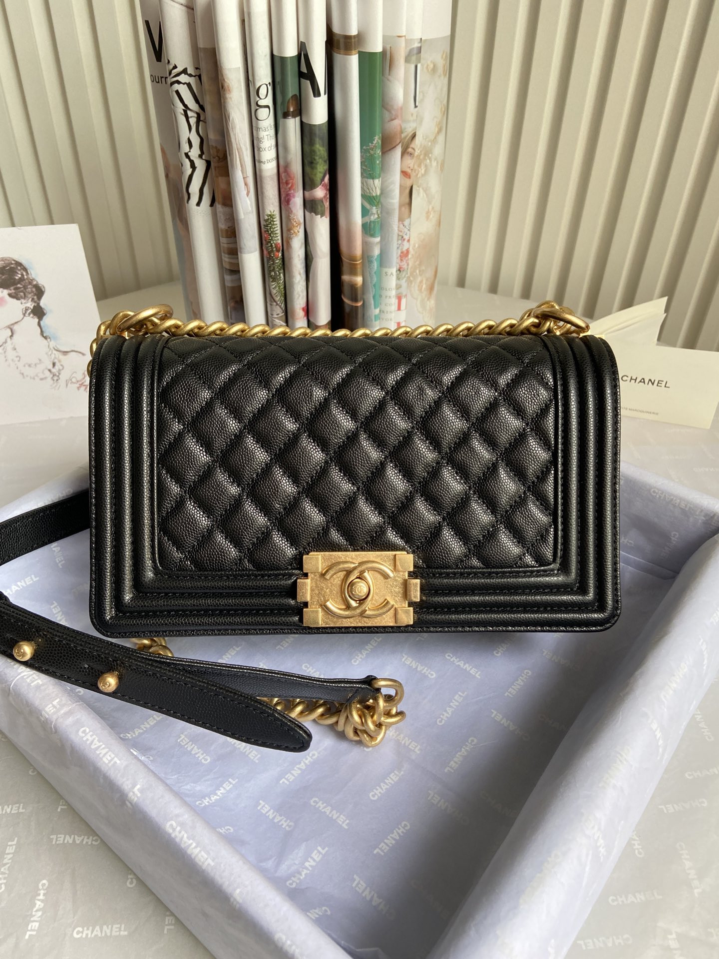 boy Ch*el handbag shiny grained calfskin 5.9 × 9.8 × 3.5 in