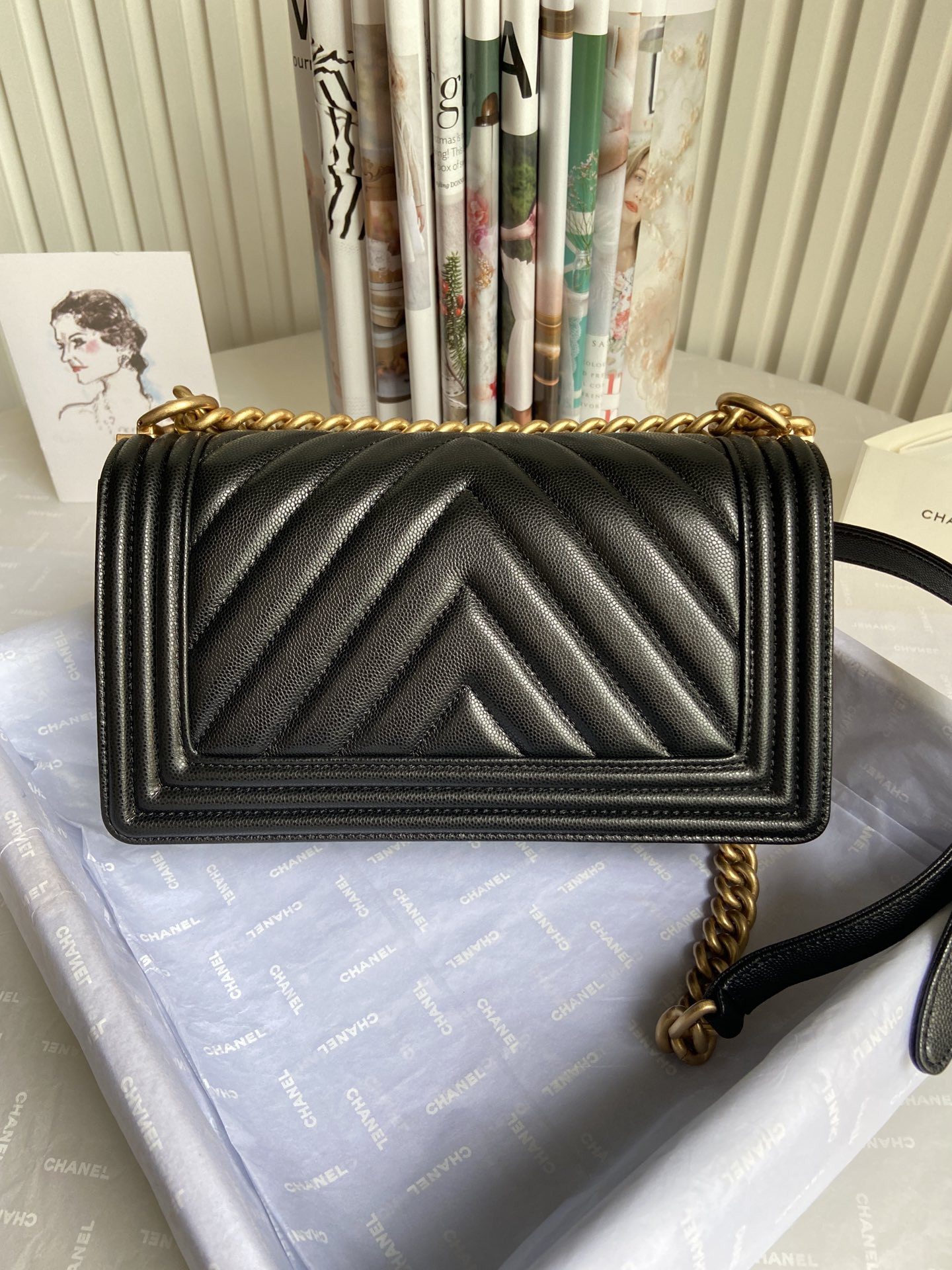 boy Ch*el handbag shiny grained calfskin black 5.9 × 9.8 × 3.5 in