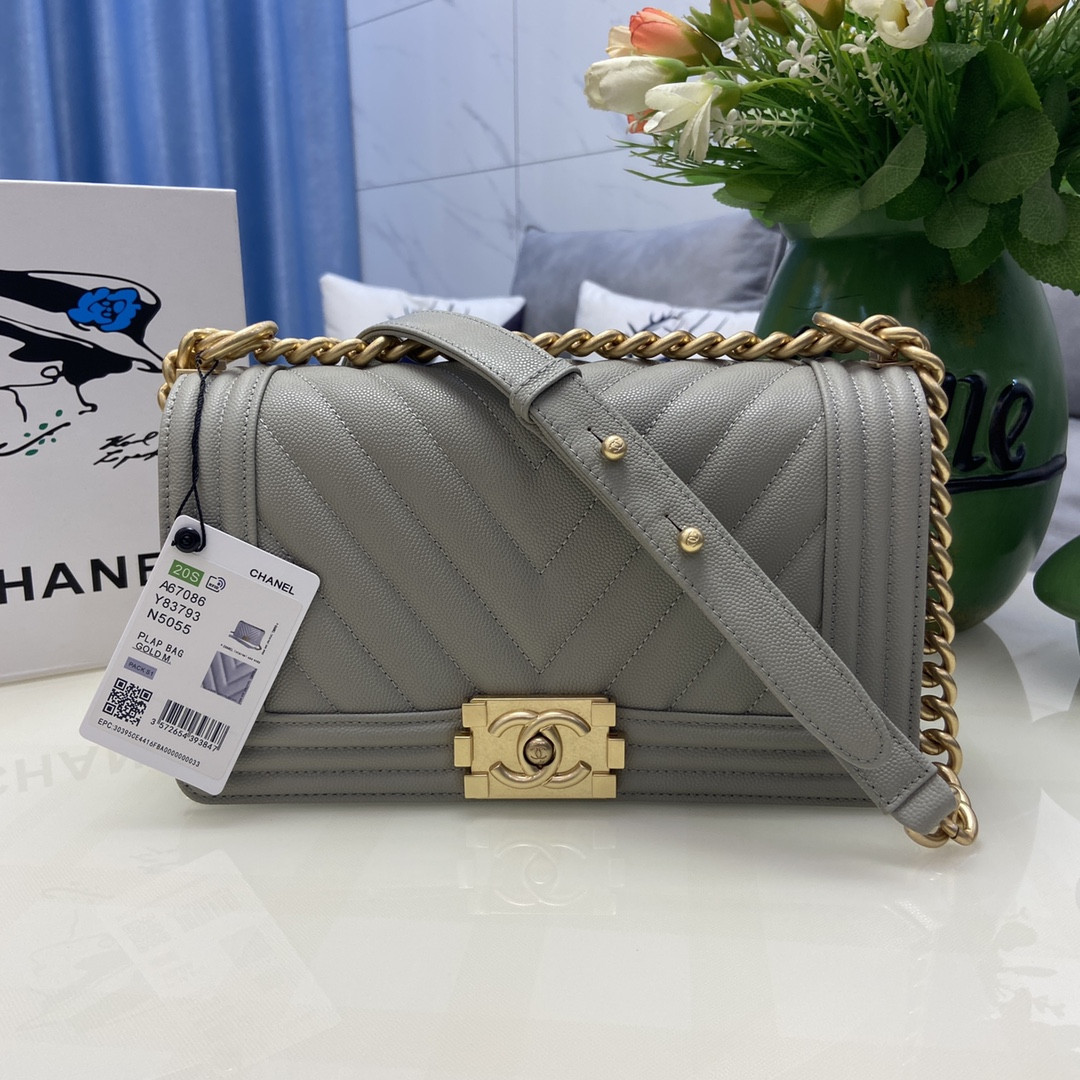 boy Ch*el handbag shiny grained calfskin & gold-tone metal gray 5.9 × 9.8 × 3.5 in