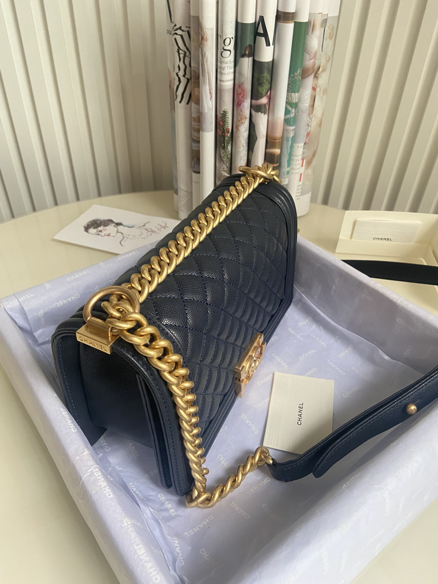 boy Ch*el handbag shiny grained calfskin & gold-tone metal navy 5.9 × 9.8 × 3.5 in