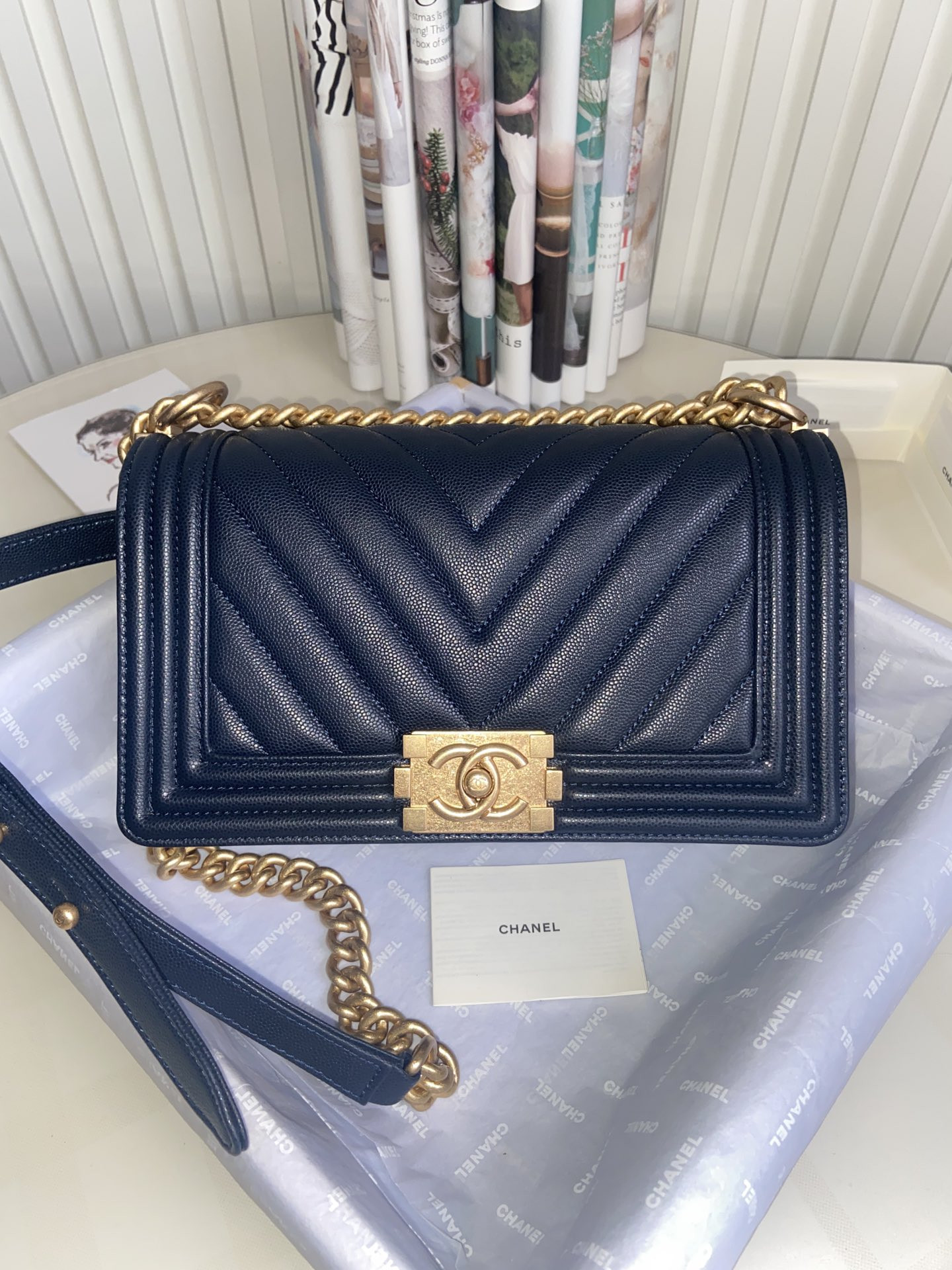 boy Ch*el handbag shiny grained calfskin & gold-tone metal navy 5.9 × 9.8 × 3.5 in