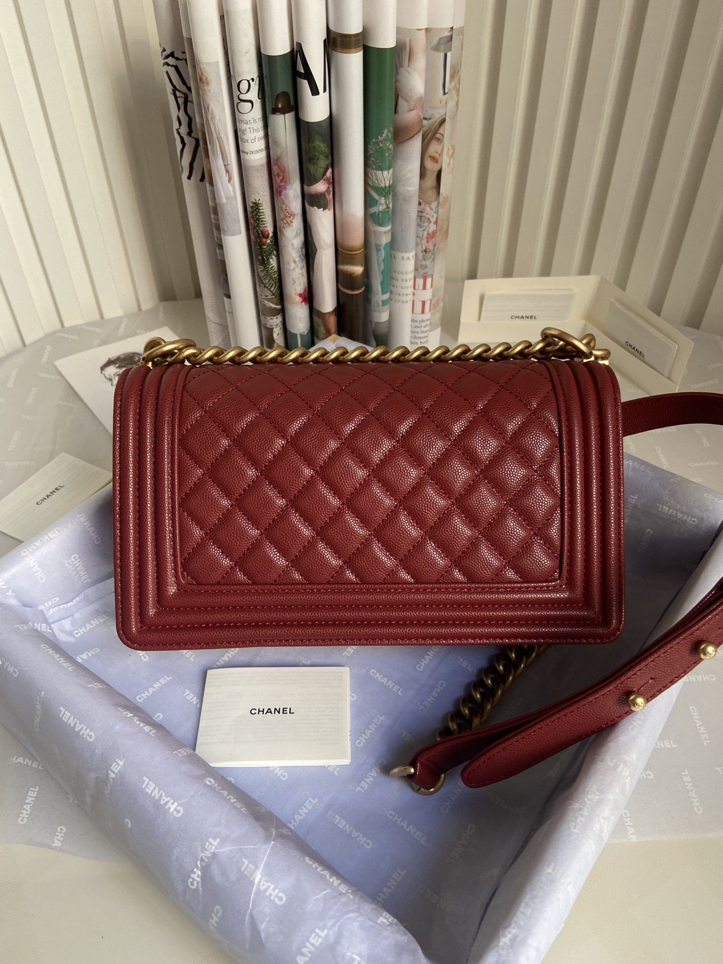 boy Ch*el handbag shiny grained calfskin & gold-tone metal red 5.9 × 9.8 × 3.5 in