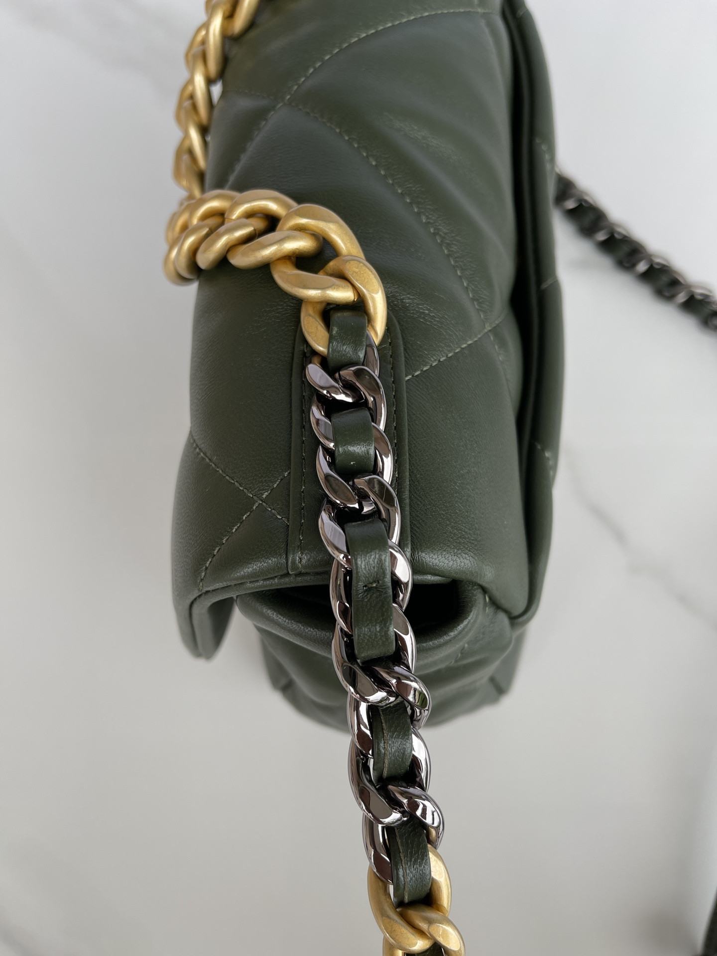 Ch*el 19 handbag shiny leather, gold-tone, silver-tone & ruthenium-finish metal dark green 6.2 × 10.1 × 3.5 in