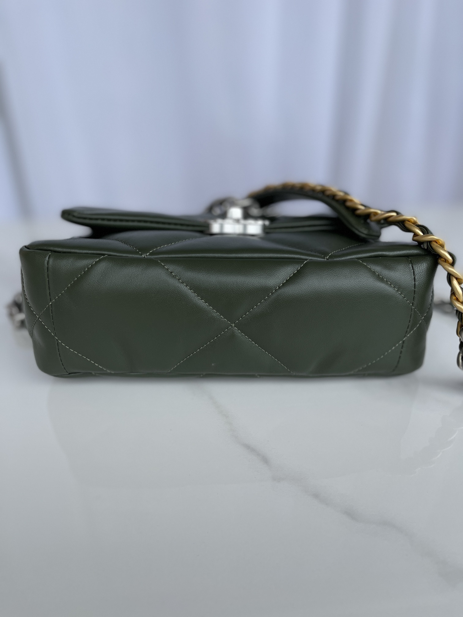 Ch*el 19 handbag shiny leather, gold-tone, silver-tone & ruthenium-finish metal dark green 6.2 × 10.1 × 3.5 in