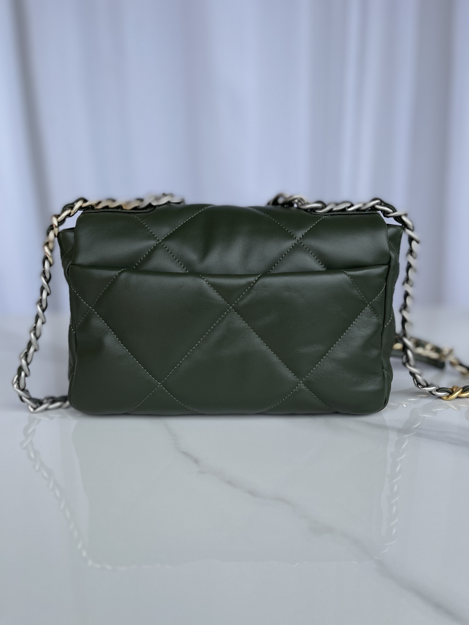 Ch*el 19 handbag shiny leather, gold-tone, silver-tone & ruthenium-finish metal dark green 6.2 × 10.1 × 3.5 in