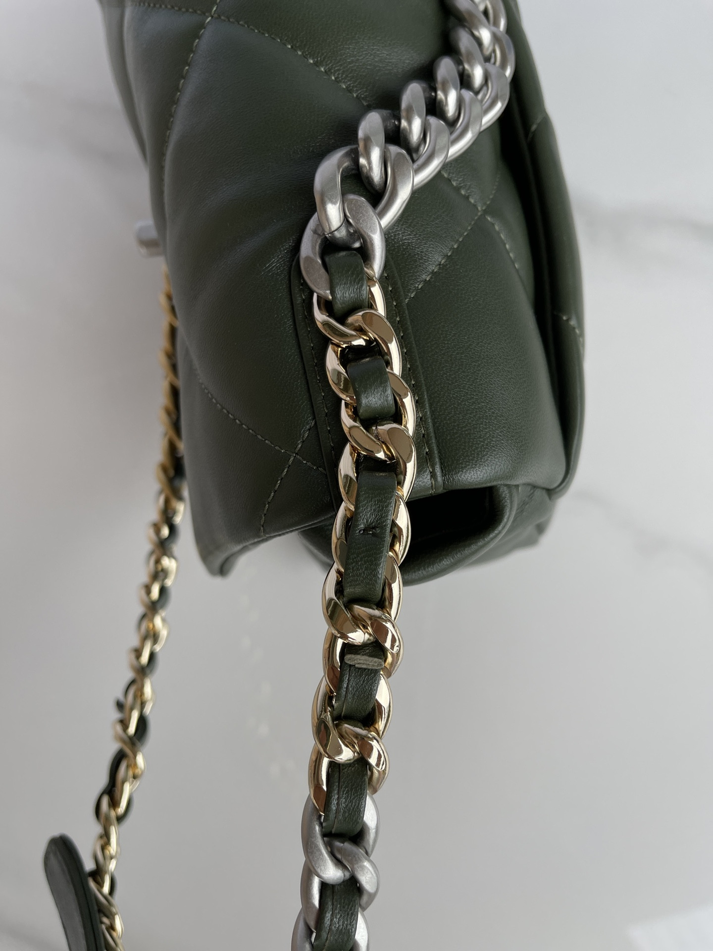 Ch*el 19 handbag shiny leather, gold-tone, silver-tone & ruthenium-finish metal dark green 6.2 × 10.1 × 3.5 in